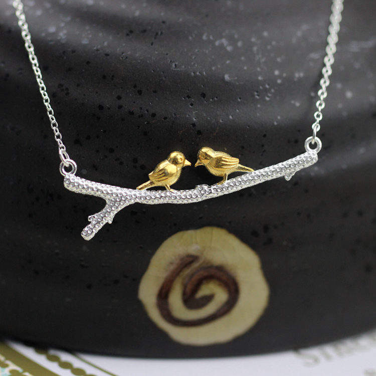 .925 Sterling Silver Twin Gold-plated Birds on Branch Necklace