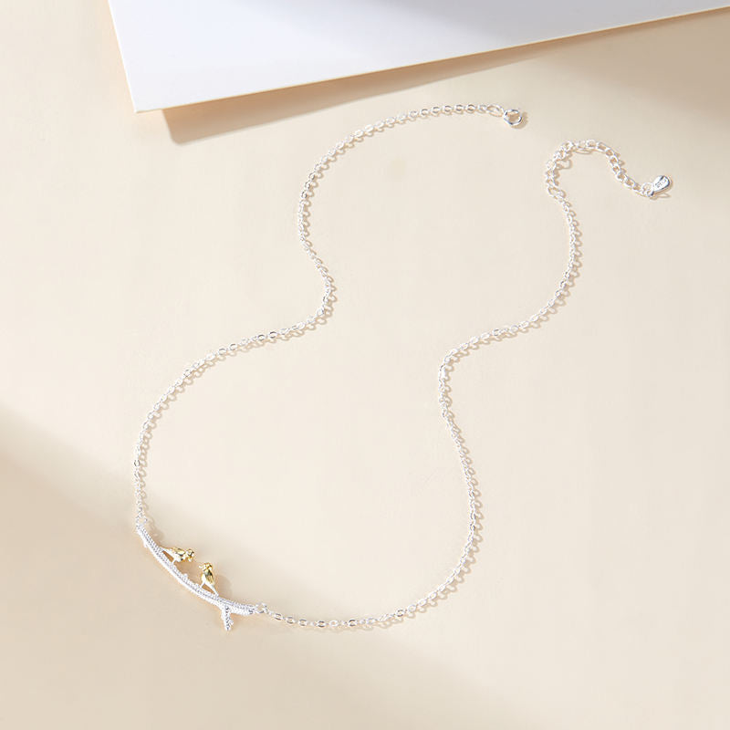 .925 Sterling Silver Twin Gold-plated Birds on Branch Necklace