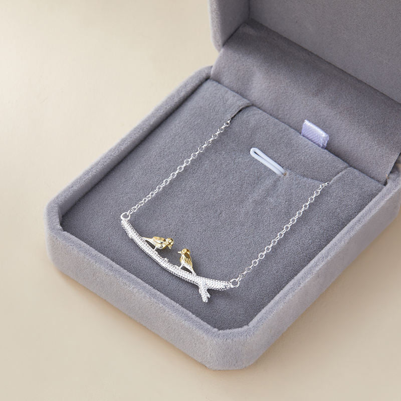 .925 Sterling Silver Twin Gold-plated Birds on Branch Necklace