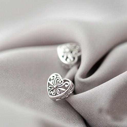 .925 Sterling Silver Filigree Heart Stud Earrings