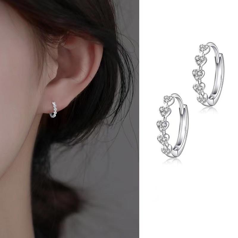 .925 Sterling Silver Huggie Hoop Cubic Zirconia Heart Earrings