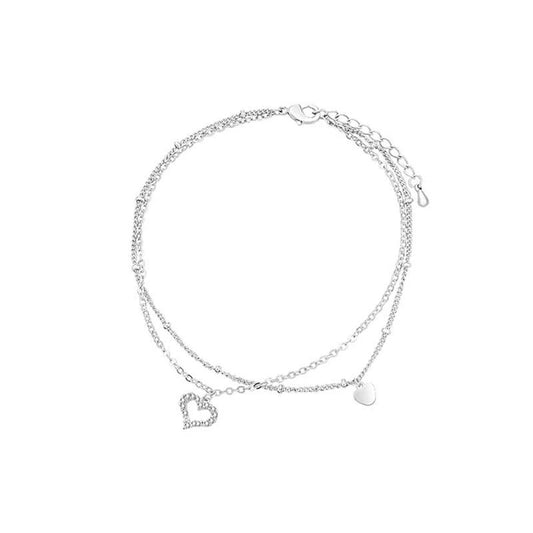 .925 Sterling Silver Double Layer Anklet with Cubic Zirconia Pave Heart Charm
