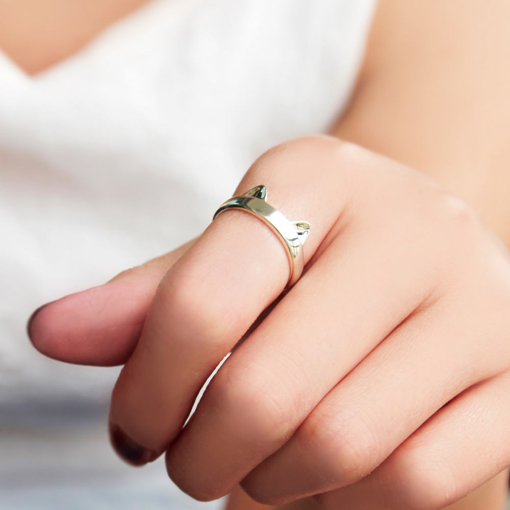Silver-plated Cat Ears and Paw Print Open Adjustable Cuff Ring