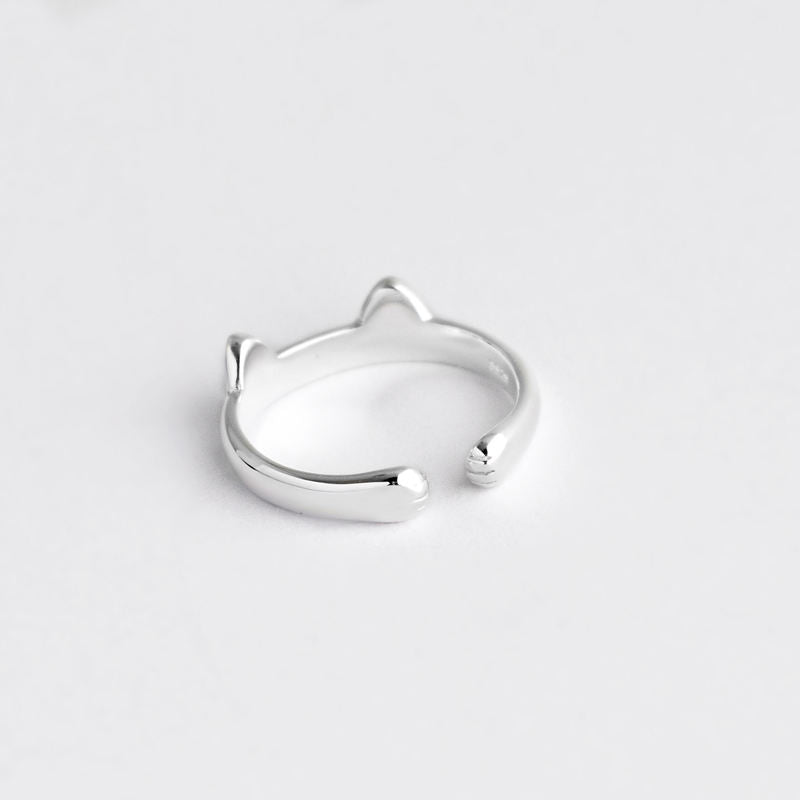 Silver-plated Cat Ears and Paw Print Open Adjustable Cuff Ring
