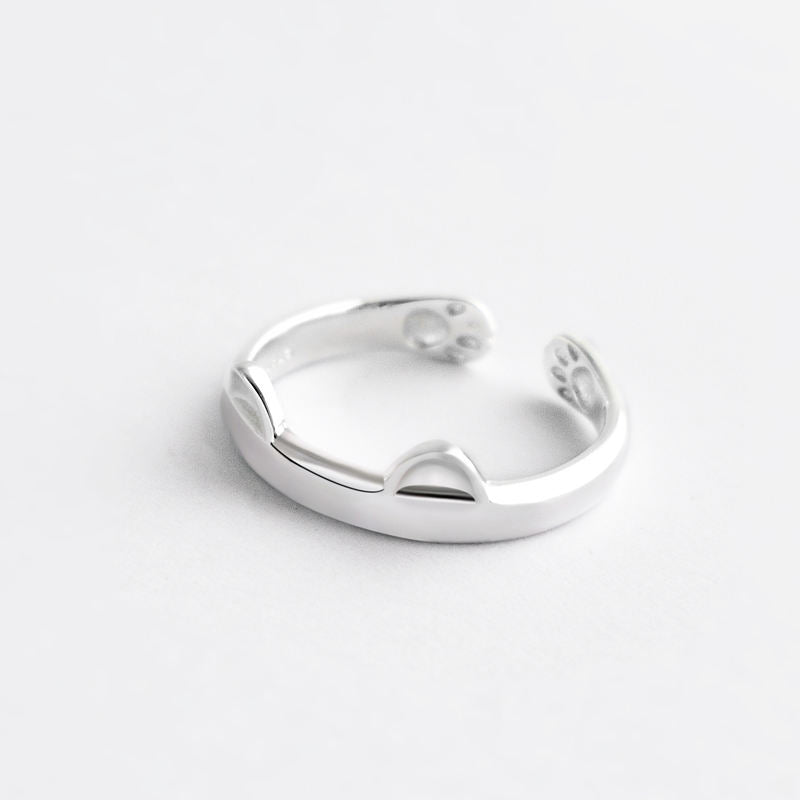 Silver-plated Cat Ears and Paw Print Open Adjustable Cuff Ring