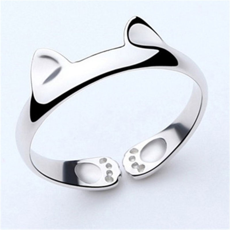 Silver-plated Cat Ears and Paw Print Open Adjustable Cuff Ring