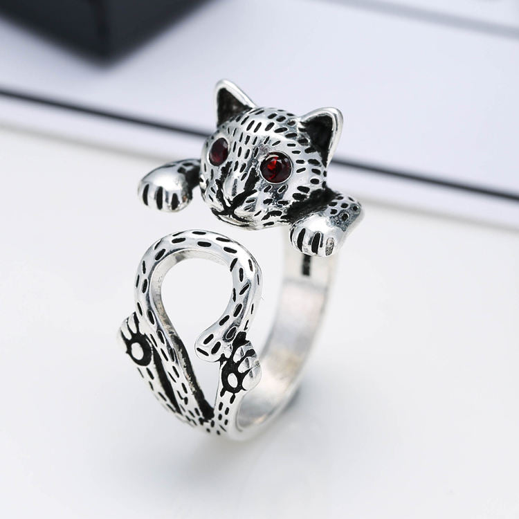 Thai Silver Open Adjustable Cat Ring with Red Cubic Zirconia Eyes