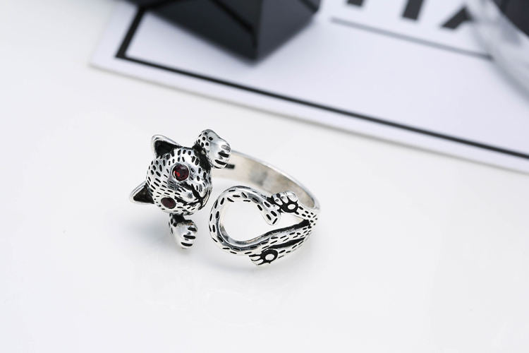 Thai Silver Open Adjustable Cat Ring with Red Cubic Zirconia Eyes