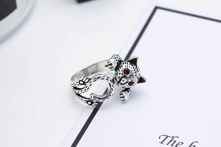Thai Silver Open Adjustable Cat Ring with Red Cubic Zirconia Eyes