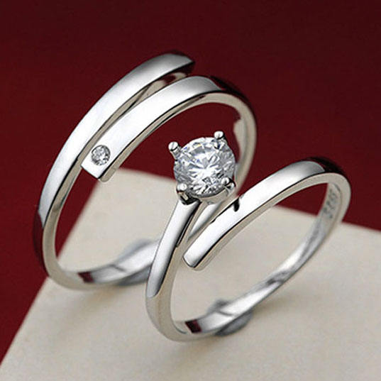 .925 Sterling Silver Cubic Zirconia Minimalist Couple Rings for Two