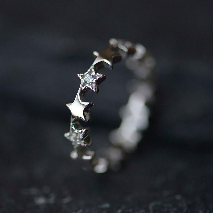.925 Sterling Silver Stars Open Adjustable Ring with Cubic Zirconia Accents