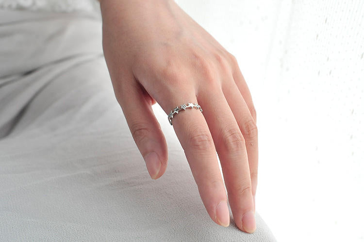 .925 Sterling Silver Stars Open Adjustable Ring with Cubic Zirconia Accents