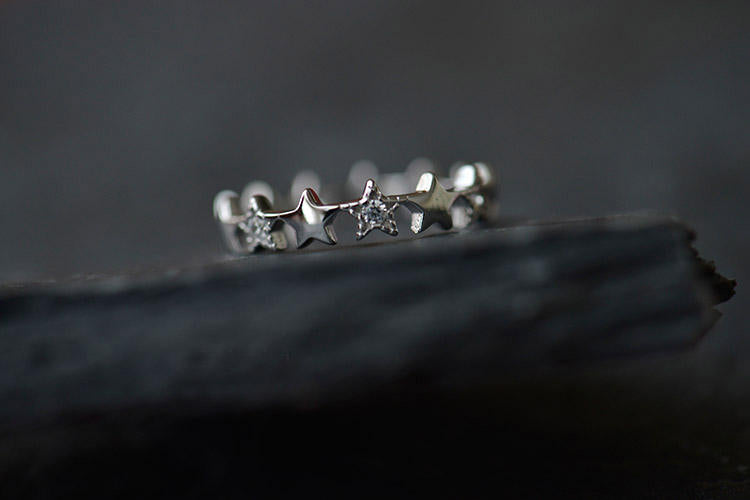 .925 Sterling Silver Stars Open Adjustable Ring with Cubic Zirconia Accents