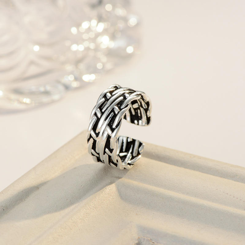 .925 Sterling Silver Woven Open Adjustable Ring