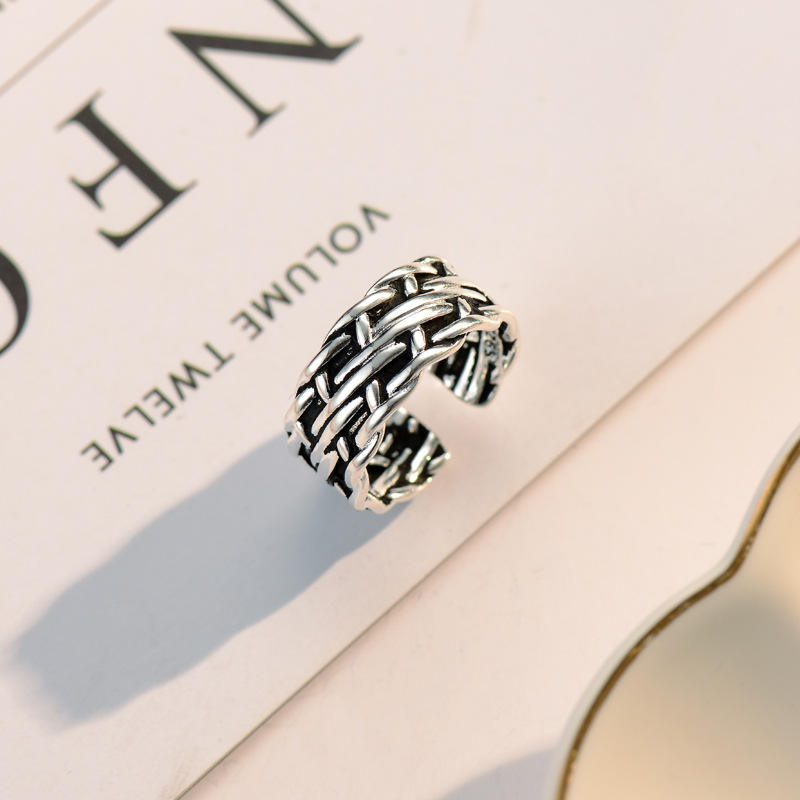 .925 Sterling Silver Woven Open Adjustable Ring