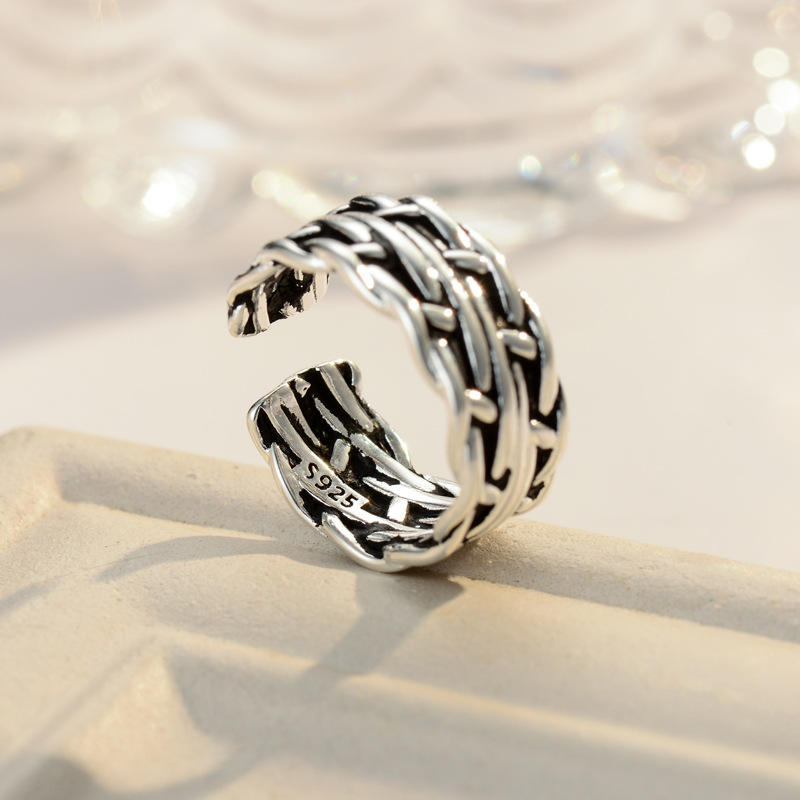 .925 Sterling Silver Woven Open Adjustable Ring
