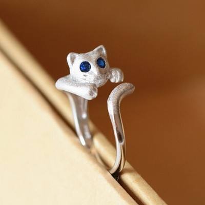 .925 Sterling Silver Open Adjustable Cat Ring with Blue Crystal Eyes Ring