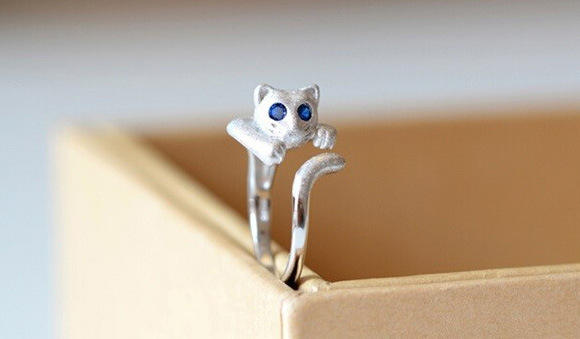 .925 Sterling Silver Open Adjustable Cat Ring with Blue Crystal Eyes Ring