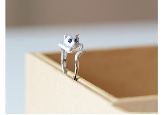 .925 Sterling Silver Open Adjustable Cat Ring with Blue Crystal Eyes Ring