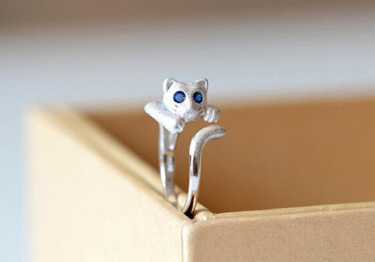 .925 Sterling Silver Open Adjustable Cat Ring with Blue Crystal Eyes Ring