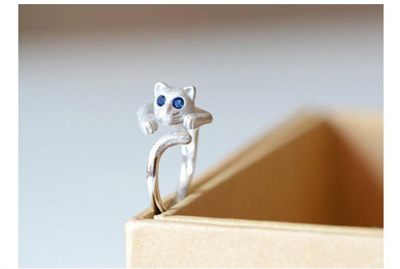 .925 Sterling Silver Open Adjustable Cat Ring with Blue Crystal Eyes Ring