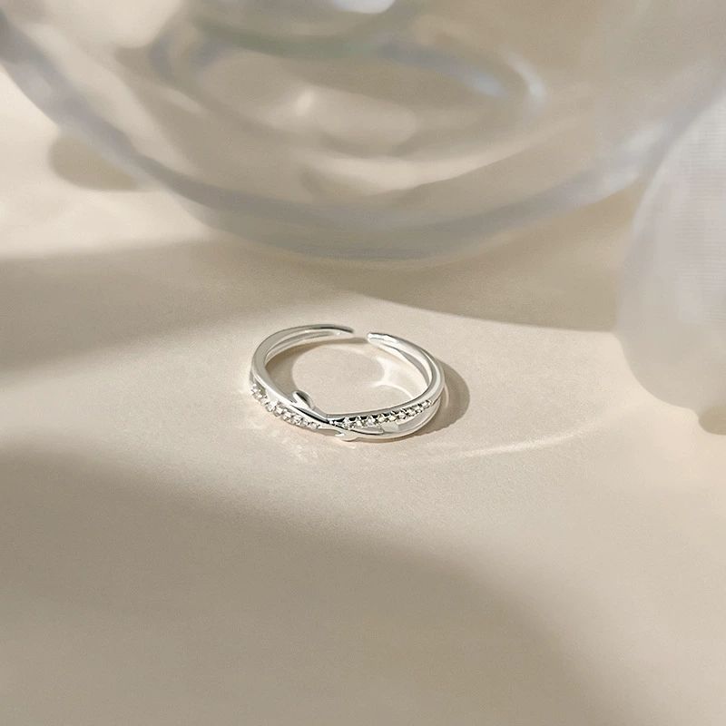 Platinum Plated Branch and Zircon Open Adjustable Minimalist Band Ring