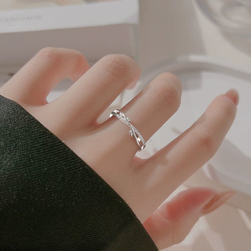 Platinum Plated Branch and Zircon Open Adjustable Minimalist Band Ring