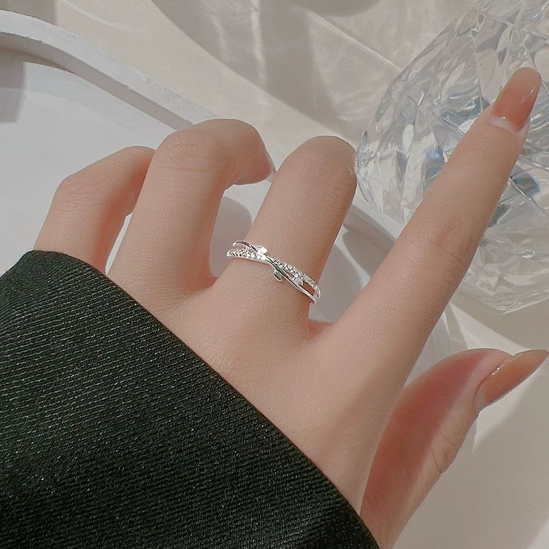Platinum Plated Branch and Zircon Open Adjustable Minimalist Band Ring