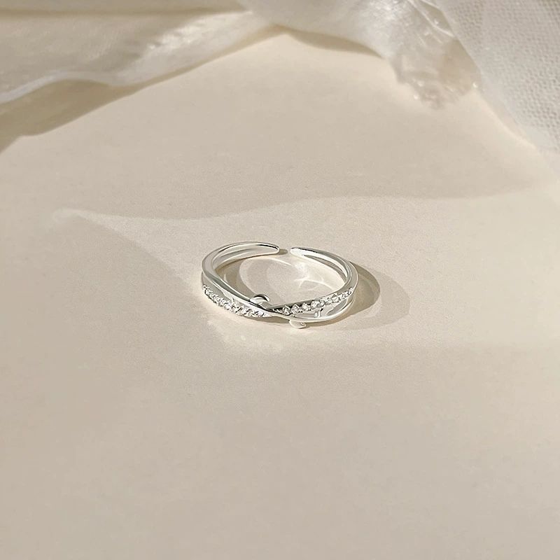 Platinum Plated Branch and Zircon Open Adjustable Minimalist Band Ring