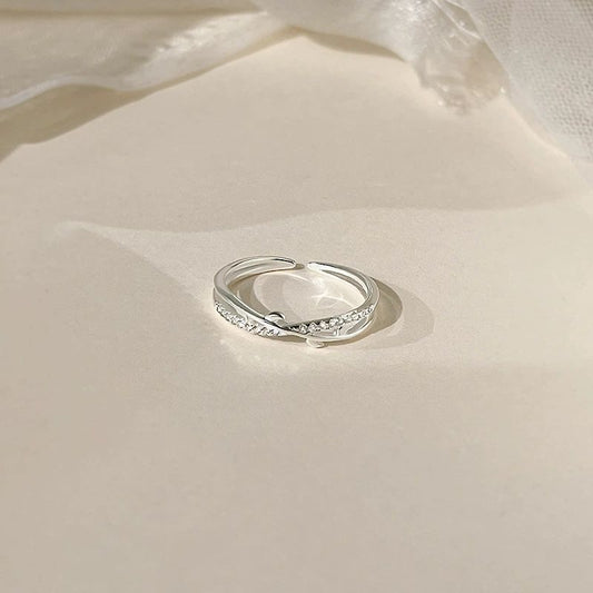 Platinum Plated Branch and Zircon Open Adjustable Minimalist Band Ring