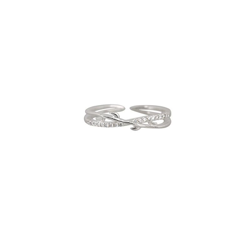Platinum Plated Branch and Zircon Open Adjustable Minimalist Band Ring