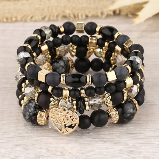Boho Handmade Elastic Multi-layer Natural Stone Bracelet Set (Black)