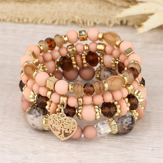 Boho Handmade Elastic Multi-layer Natural Stone Bracelet Set (Peach)