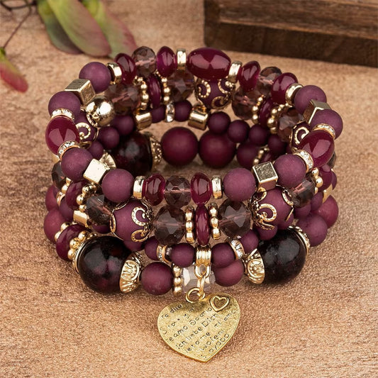 Boho Handmade Elastic Multi-layer Natural Stone Bracelet Set (Purple)
