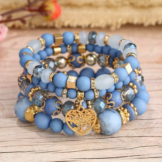 Boho Handmade Elastic Multi-layer Natural Stone Bracelet Set (Light Blue)