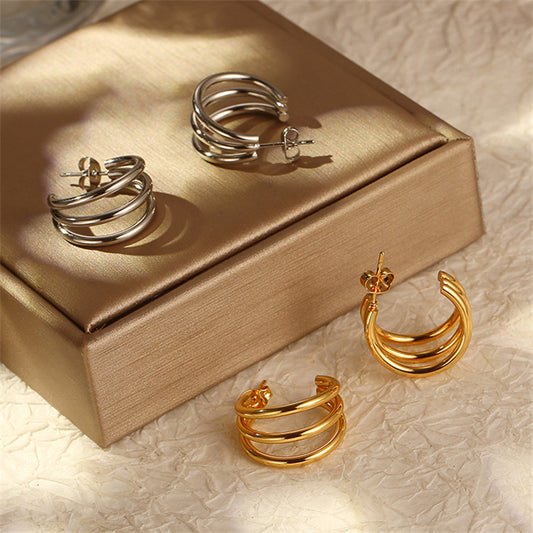 18k Gold-Plated Three-Layer C Hoop Earrings (Gold or Silver)