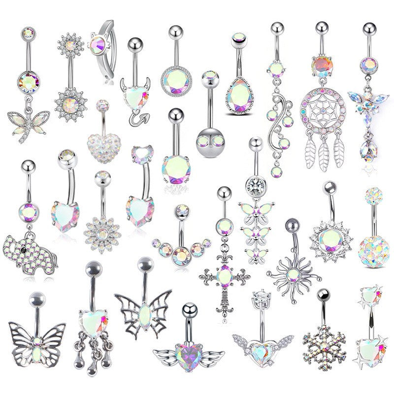 White Gold-plated Surgical Steel Naval / Belly Piercing Jewelry with AB Cubic Zirconia *** Buy 2 Get 1 FREE ***
