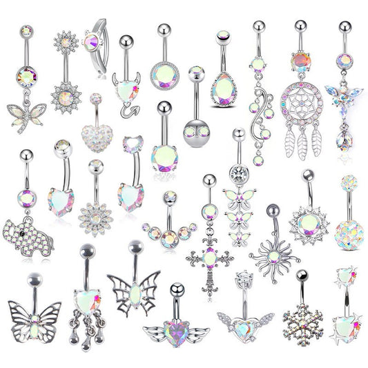 White Gold-plated Surgical Steel Naval / Belly Piercing Jewelry with AB Cubic Zirconia *** Buy 2 Get 1 FREE ***