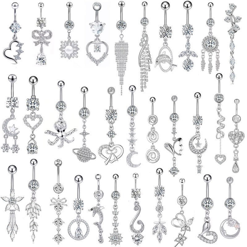 White Gold-plated Surgical Steel Naval / Belly Piercing Jewelry with Cubic Zirconia *** Buy 2 Get 1 FREE ***
