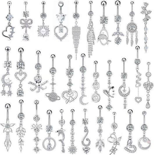 White Gold-plated Surgical Steel Naval / Belly Piercing Jewelry with Cubic Zirconia *** Buy 2 Get 1 FREE ***
