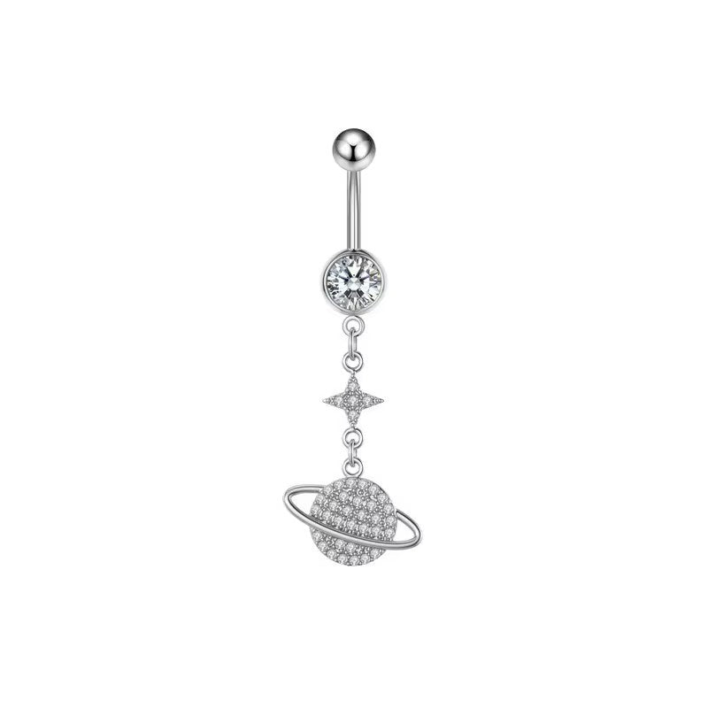 White Gold-plated Surgical Steel Naval / Belly Piercing Jewelry with Cubic Zirconia *** Buy 2 Get 1 FREE ***