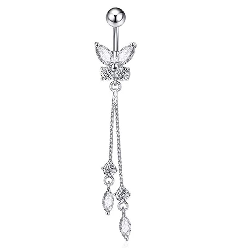 White Gold-plated Surgical Steel Naval / Belly Piercing Jewelry with Cubic Zirconia *** Buy 2 Get 1 FREE ***