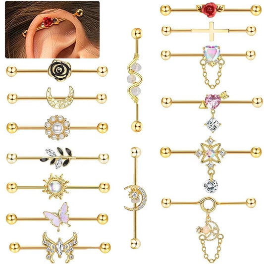 Yellow Gold-plated Surgical Steel Upper Ear Industrial Straight Barbell Piercing Jewelry