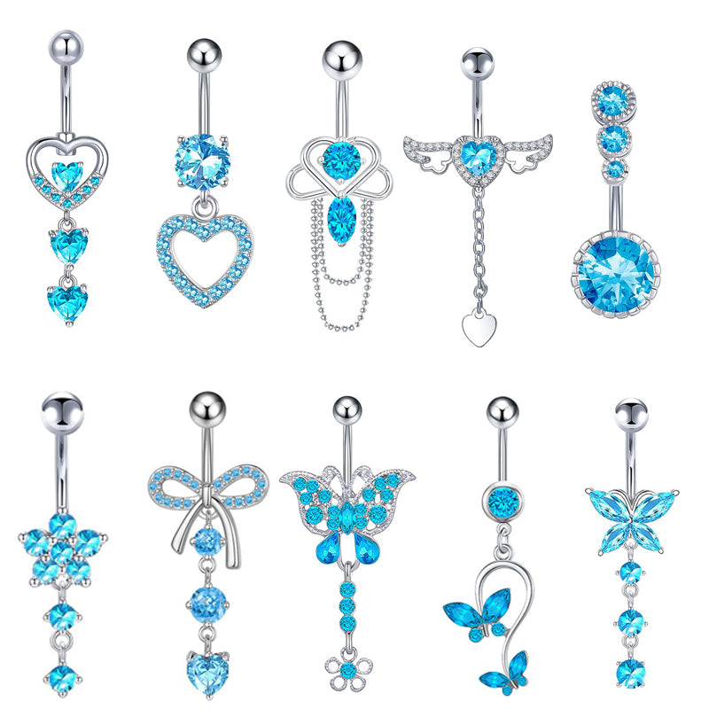 Gold-plated Surgical Steel Blue Enamel and Cubic Zirconia Naval Belly Piercing Jewelry