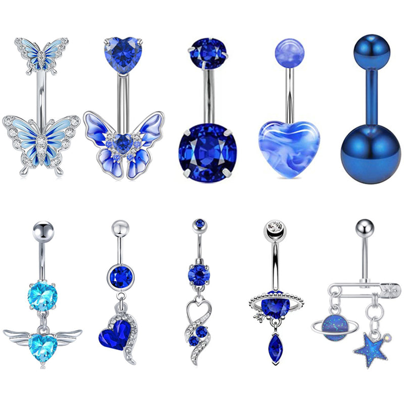 Gold-plated Surgical Steel Blue Enamel and Cubic Zirconia Naval Belly Piercing Jewelry