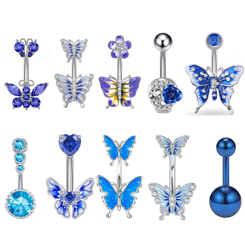 Gold-plated Surgical Steel Blue Enamel and Cubic Zirconia Naval Belly Piercing Jewelry