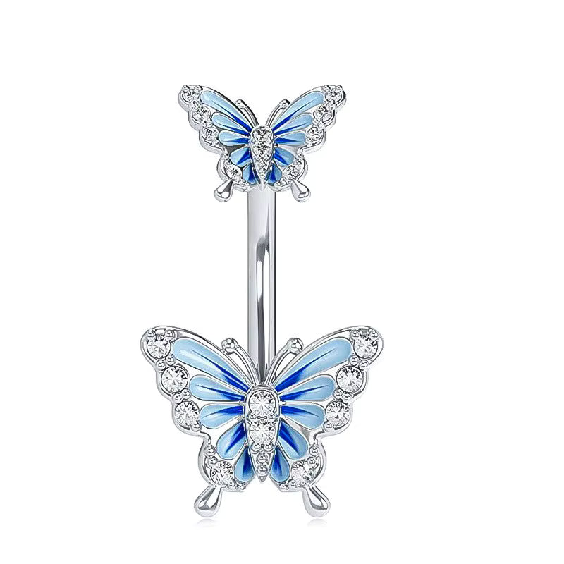Gold-plated Surgical Steel Blue Enamel and Cubic Zirconia Naval Belly Piercing Jewelry