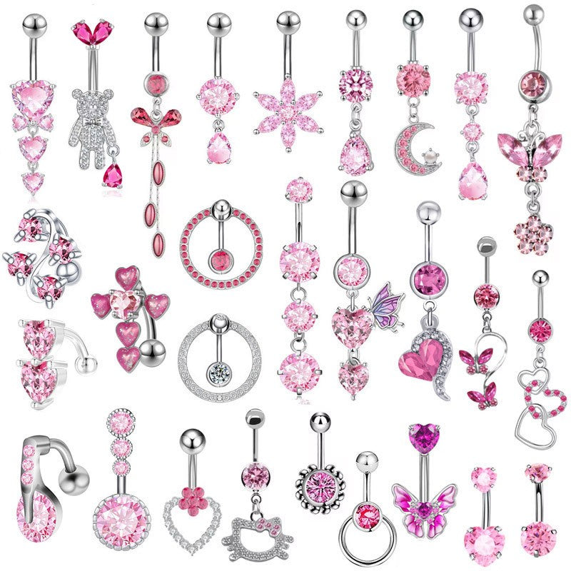 Gold-plated Surgical Steel Pink Enamel and Cubic Zirconia Naval Belly Piercing Jewelry