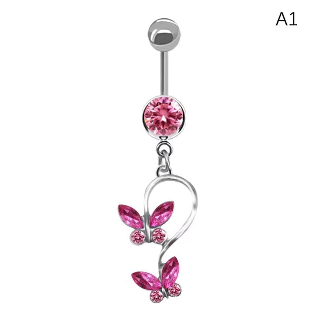 Gold-plated Surgical Steel Pink Enamel and Cubic Zirconia Naval Belly Piercing Jewelry