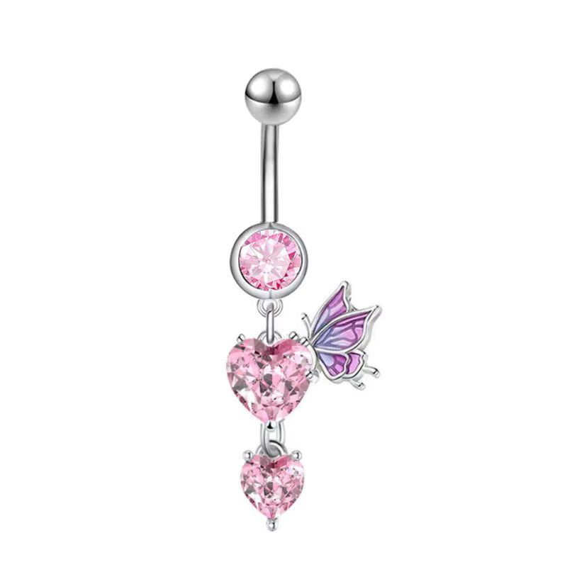Gold-plated Surgical Steel Pink Enamel and Cubic Zirconia Naval Belly Piercing Jewelry